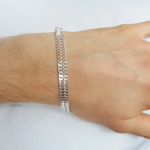 Real Silver Double Curb Bracelet, 925 ITALY SOLID Sterling Silver Cuban Link 3mm - Picture 2 of 3